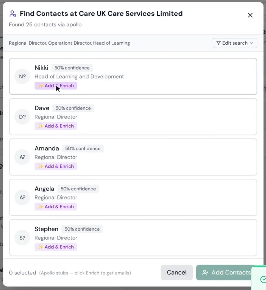ATSpro Find Contacts at a care provider, listing regional directors and a head of learning and development