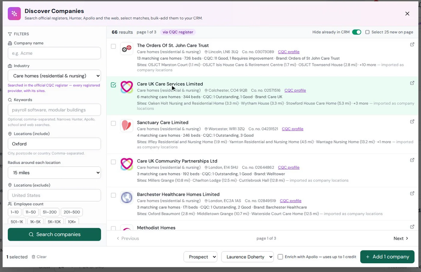 ATSpro Discover Companies showing care homes around Oxford from the CQC register, with sites, beds and ratings