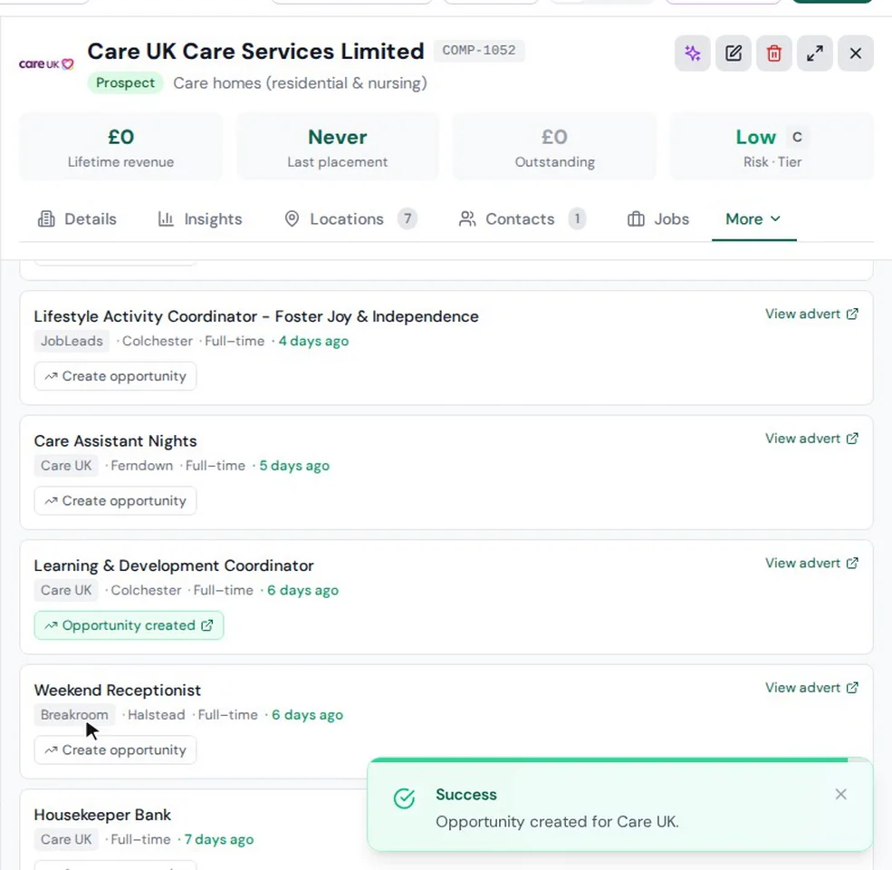 Live roles a care provider is advertising in ATSpro, with an opportunity created from one of them