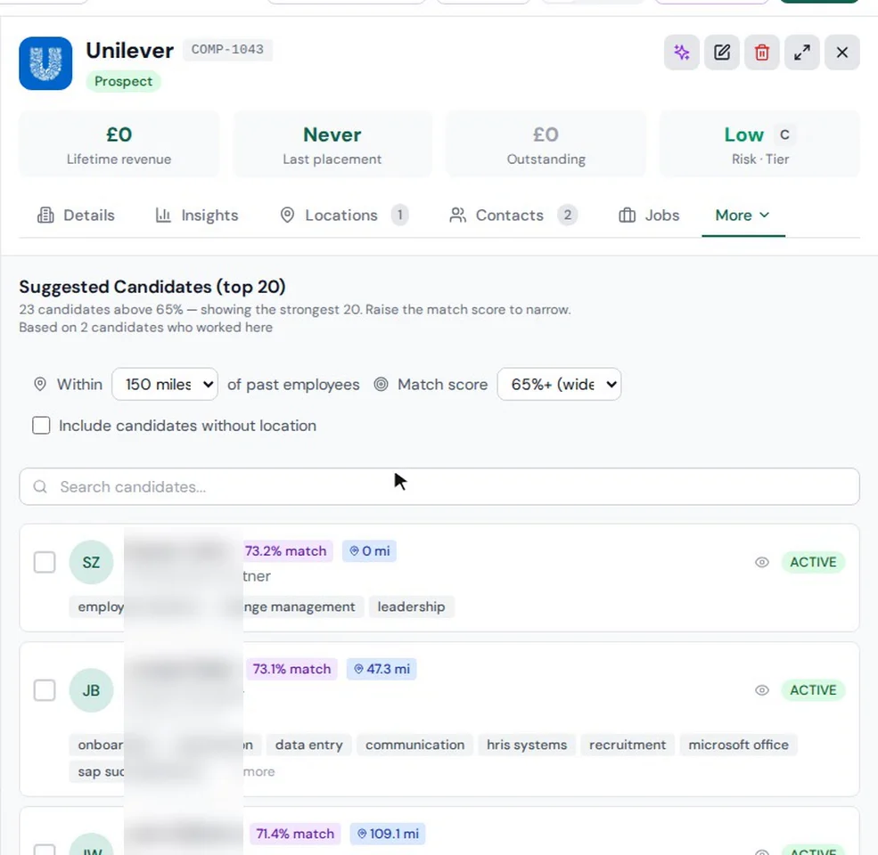 Suggested candidates for a company in ATSpro, based on two former employees, with match scores and distance