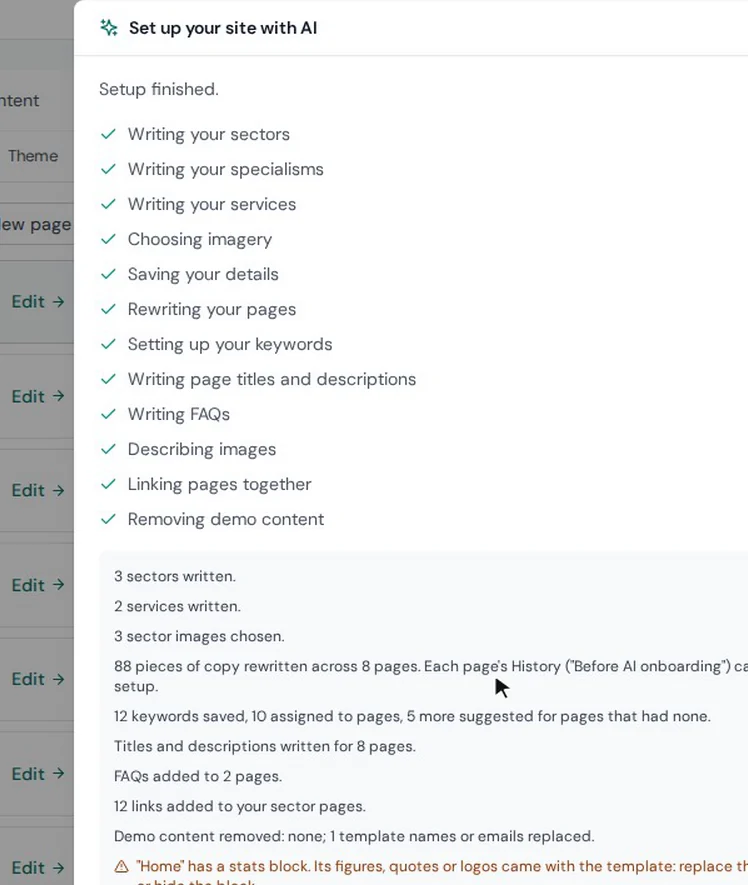 ATSpro website builder AI setup finished, listing sectors, services, page copy, SEO and FAQs written