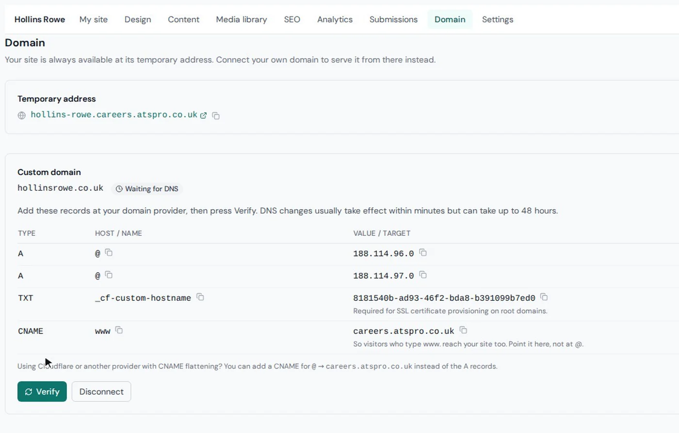 ATSpro website domain settings showing the DNS records for a custom root domain