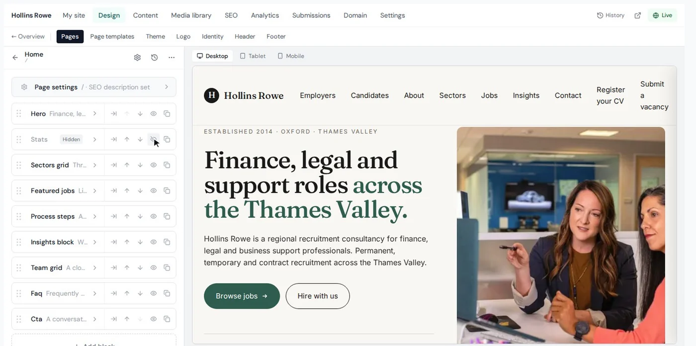 ATSpro page editor showing the block list beside a live preview of the home page
