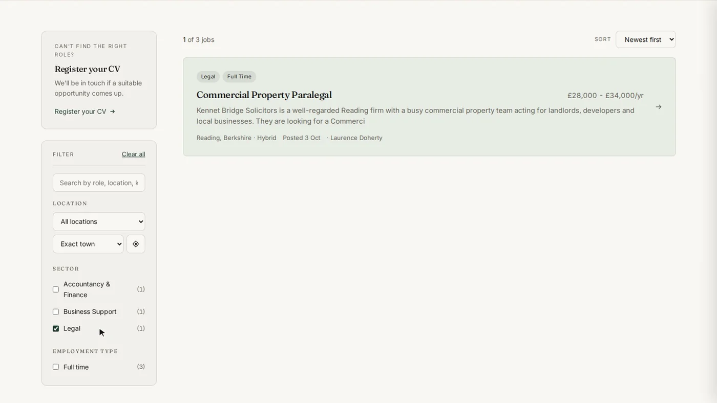 A recruitment careers site jobs page filtered by sector, built with ATSpro