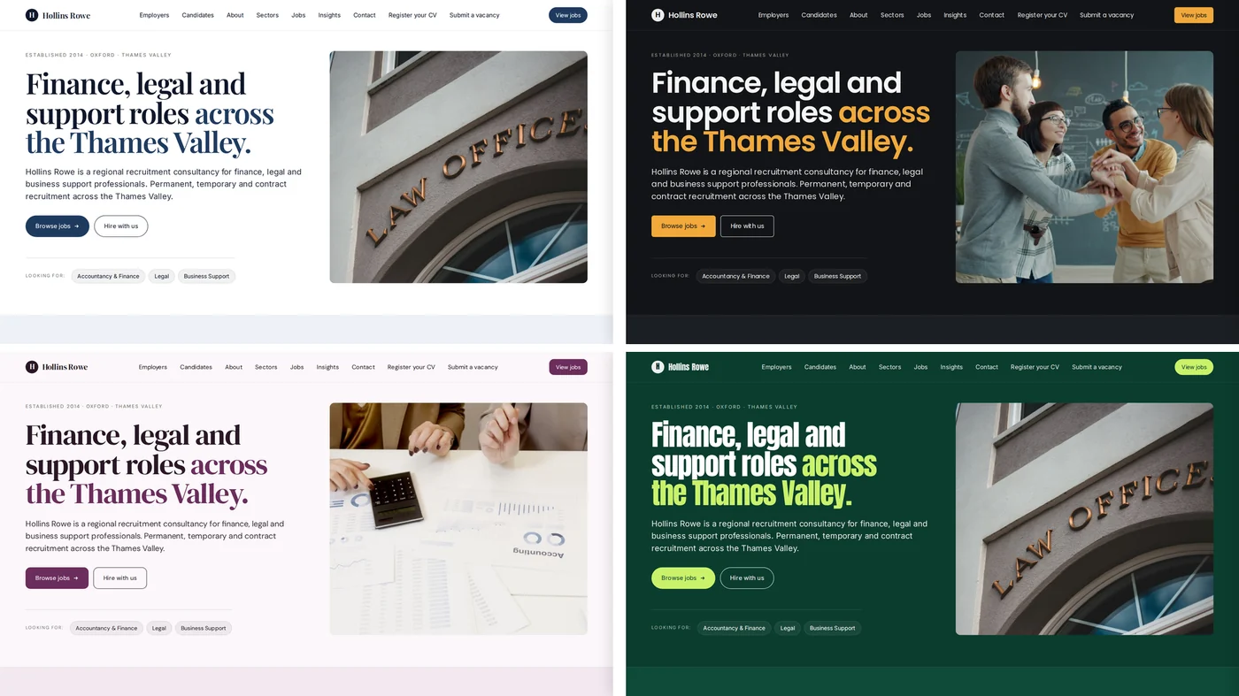 Four different looks for the same recruitment careers site, created with ATSpro's website builder