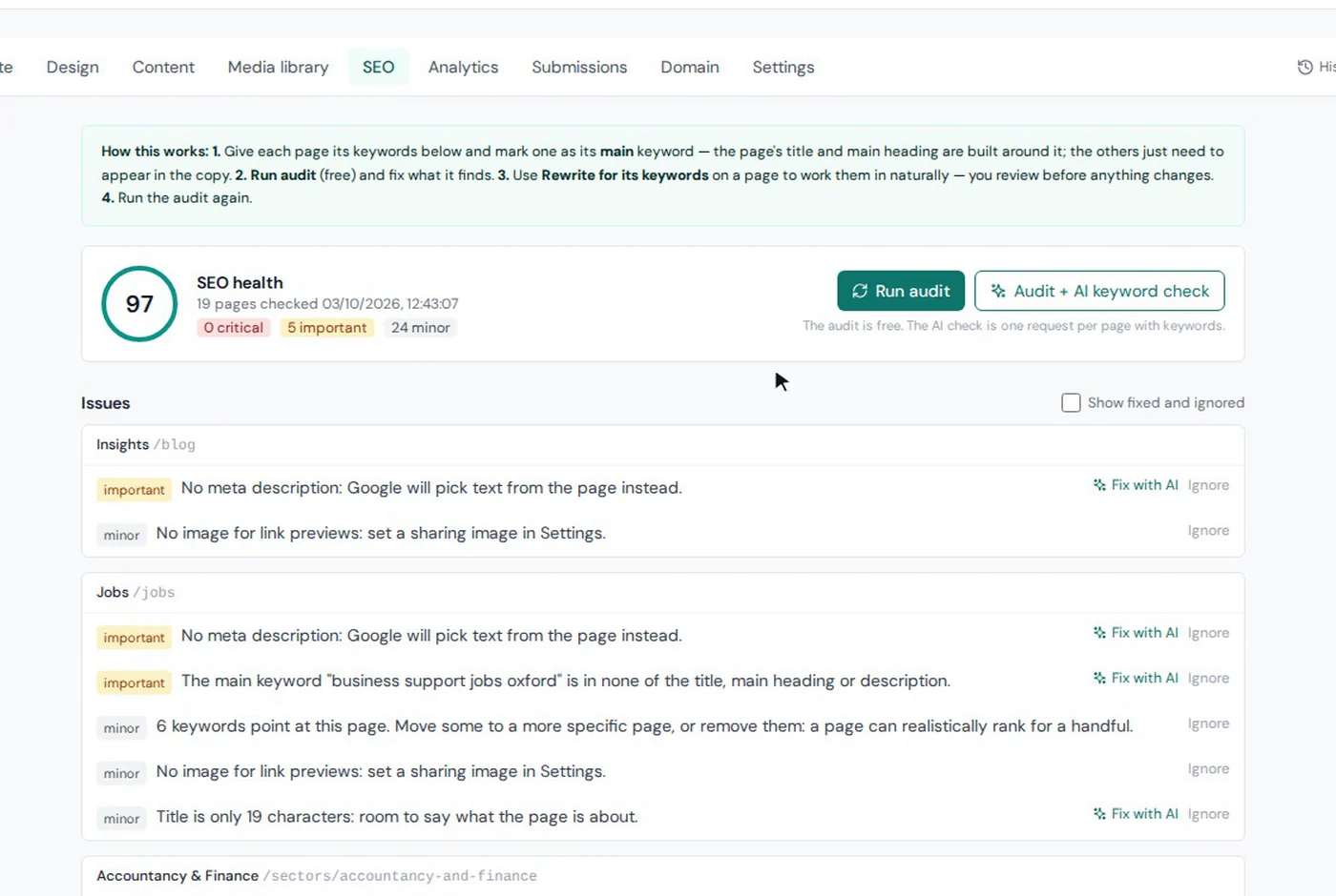 ATSpro website SEO audit showing a health score of 97 and suggested fixes