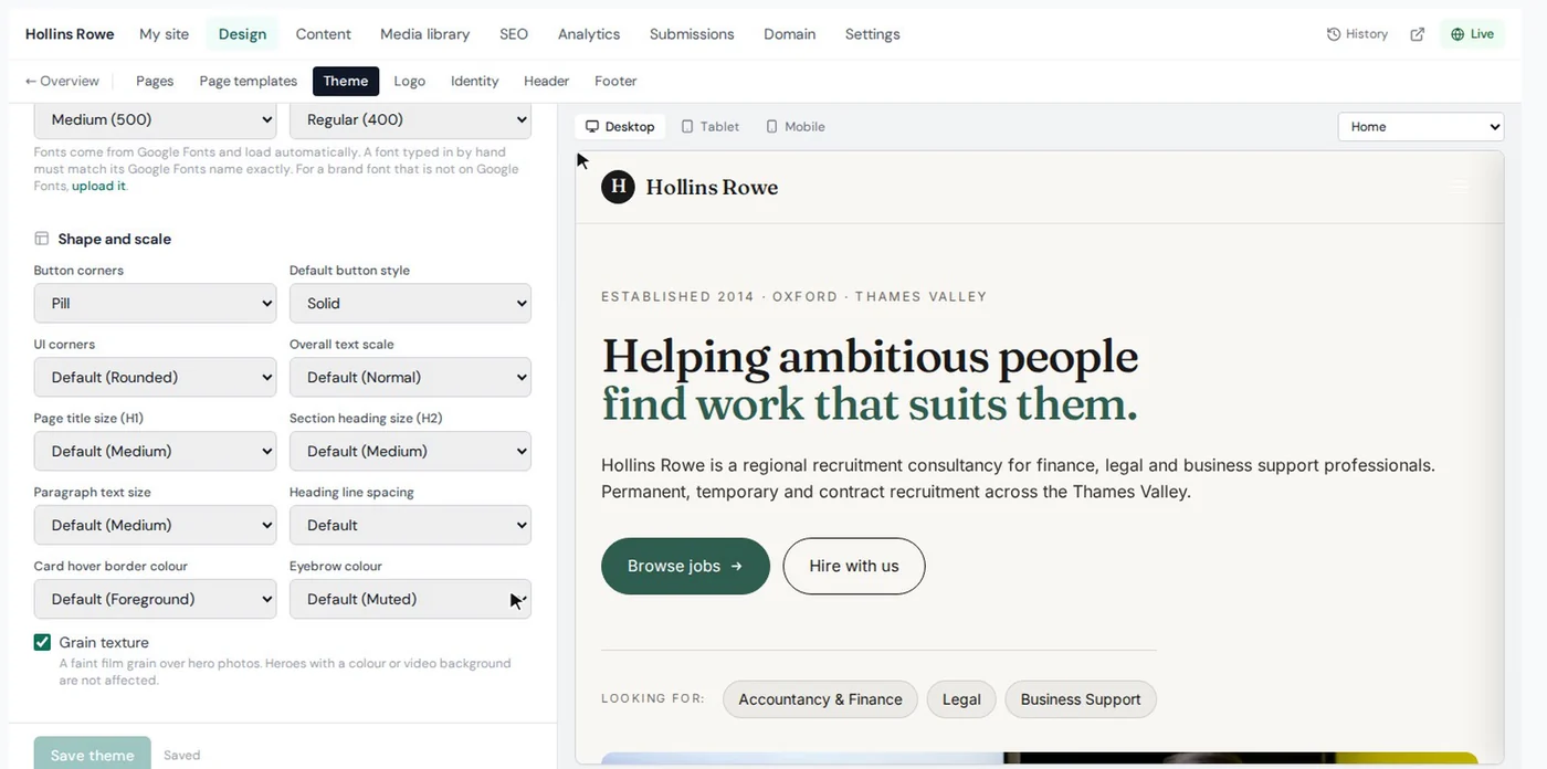 ATSpro website builder theme settings with a live preview of the careers site in the agency's green