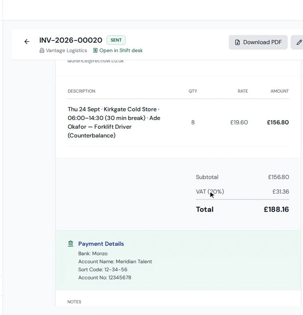 An ATSpro invoice raised from an approved shift timesheet, including VAT