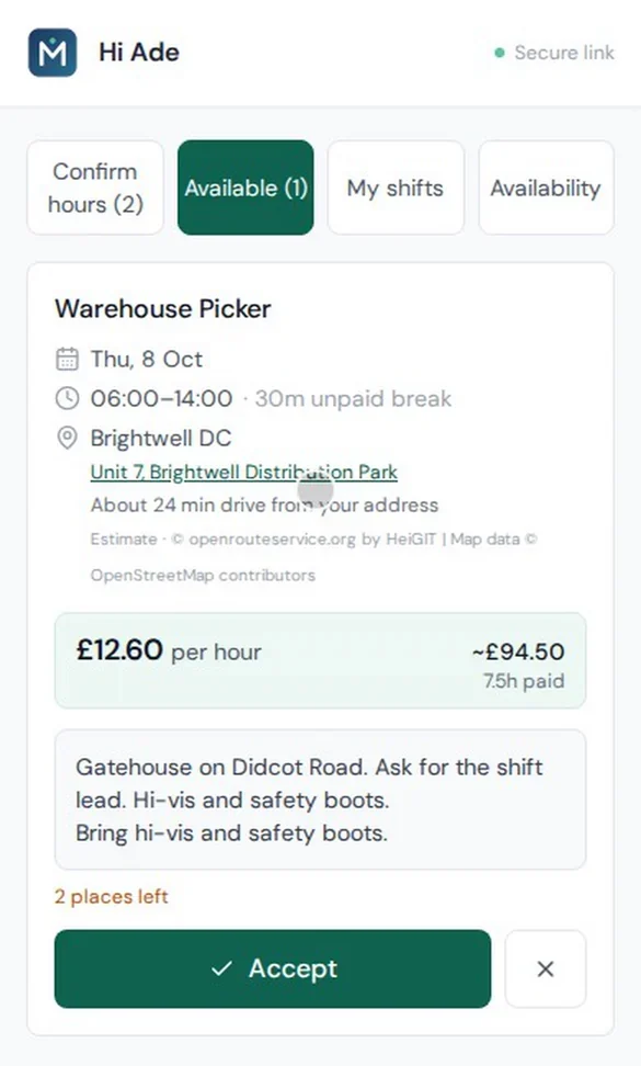 A shift offer on a worker's phone showing pay, hours, site and an Accept button